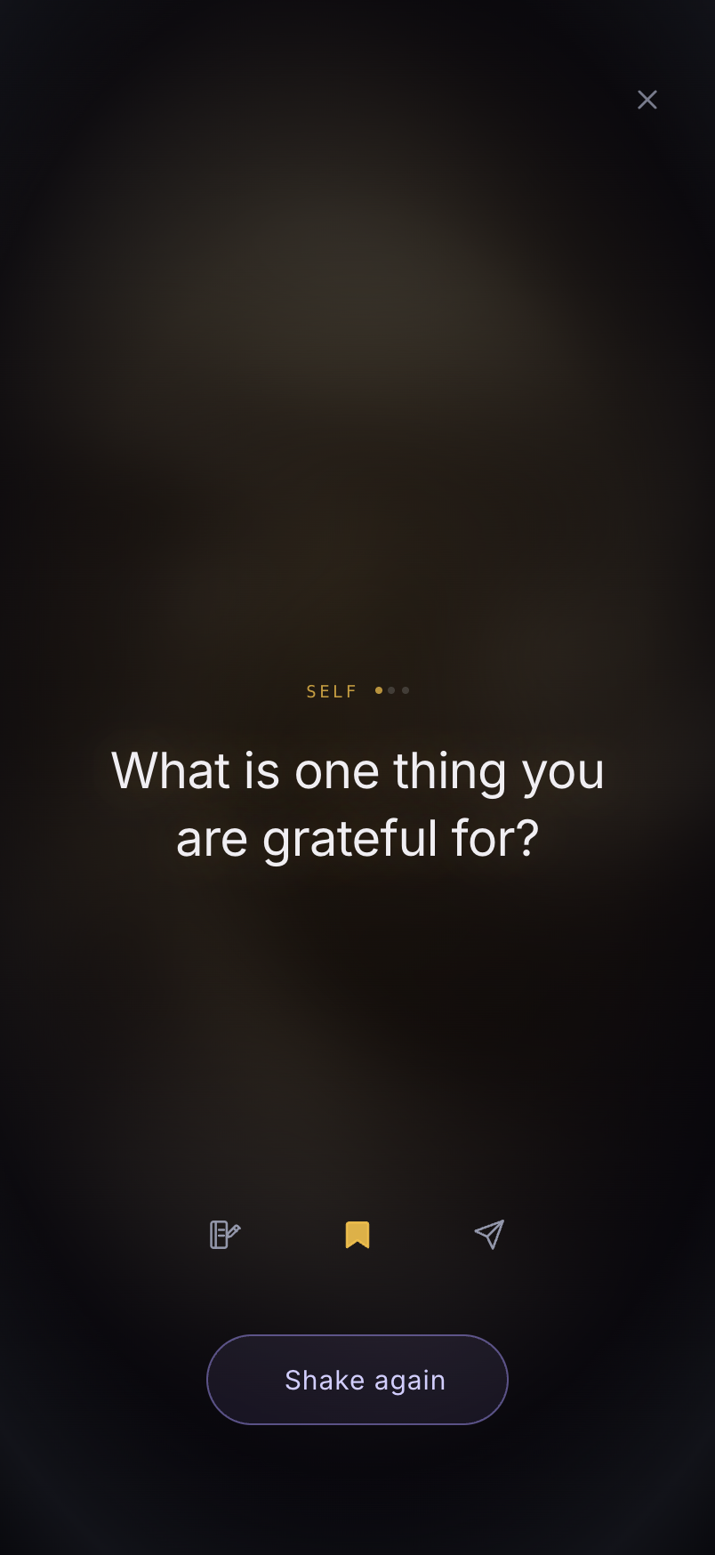A question open in the app: “What is one thing you are grateful for?”, with write, save and send actions beneath it