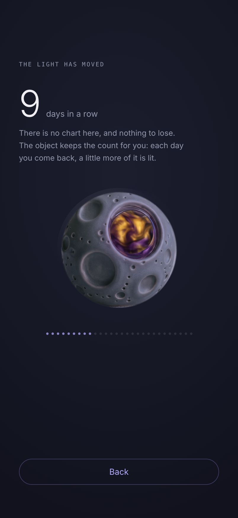 The streak screen: “9 days in a row” beside the moon, with a row of dots filling toward twenty-five